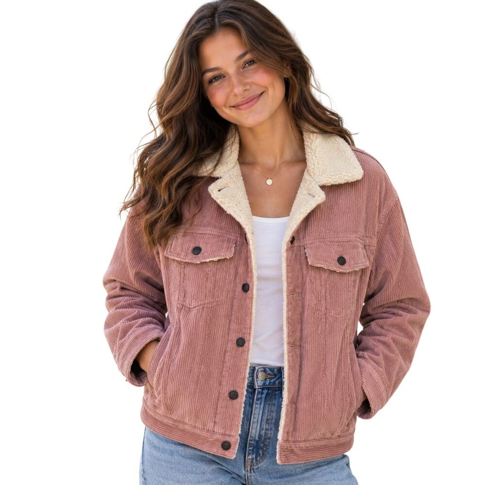 Avec Les Filles Corduroy Trucker Jacket Womens XS Pink Sherpa Lined Cozy Warm
